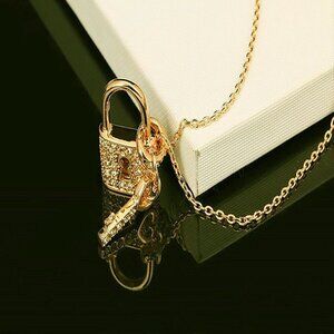Love Lock & Key Crystal Chain Charm Multi Tone Gold Necklace Pendent Collar